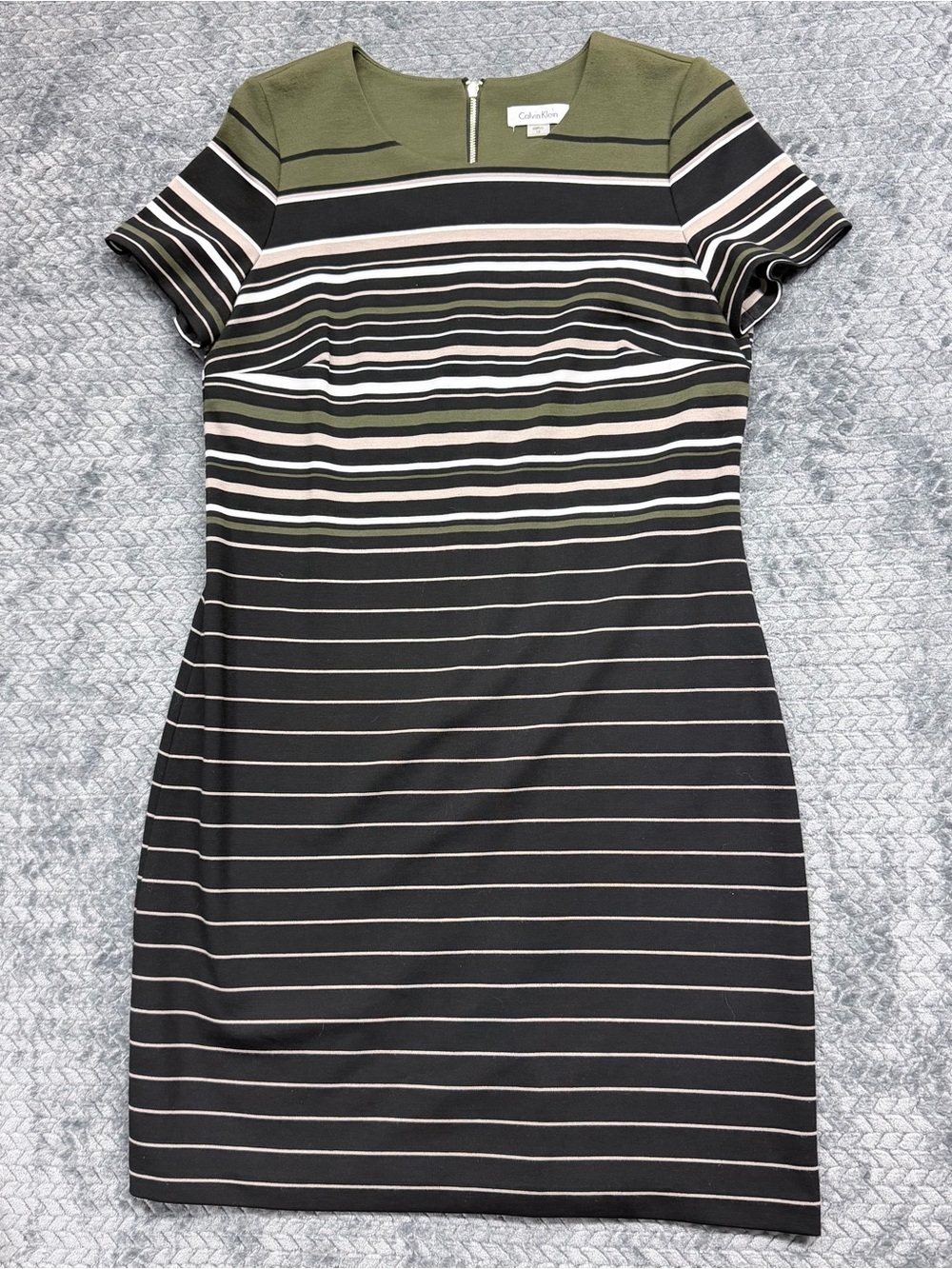 Calvin Klein Striped Sheath Dress Olive Green and Black Size 10